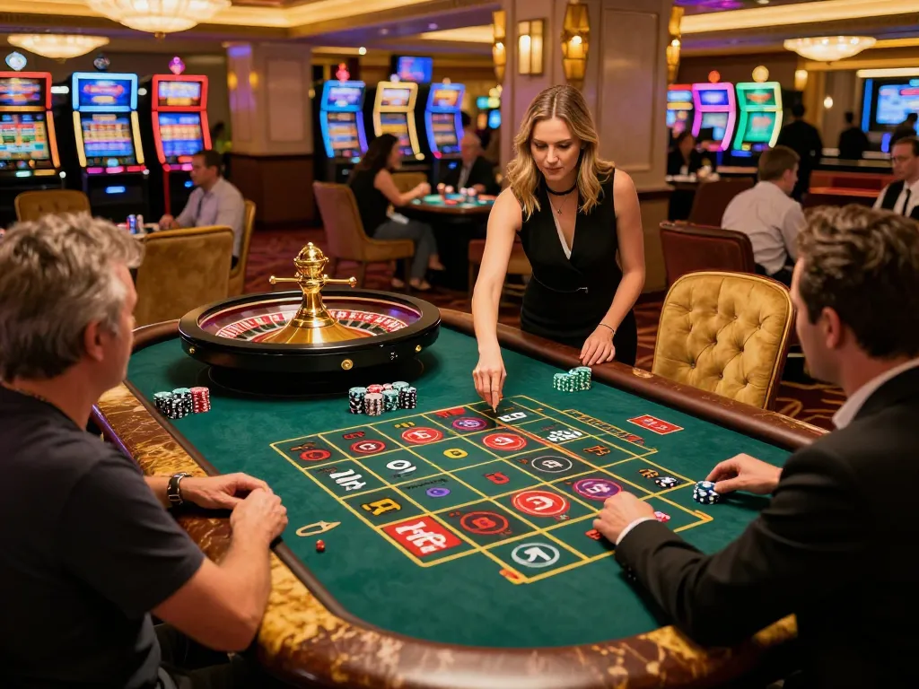 Spin the roulette wheel at MM88 casino, with players eagerly placing bets at vibrant tables.