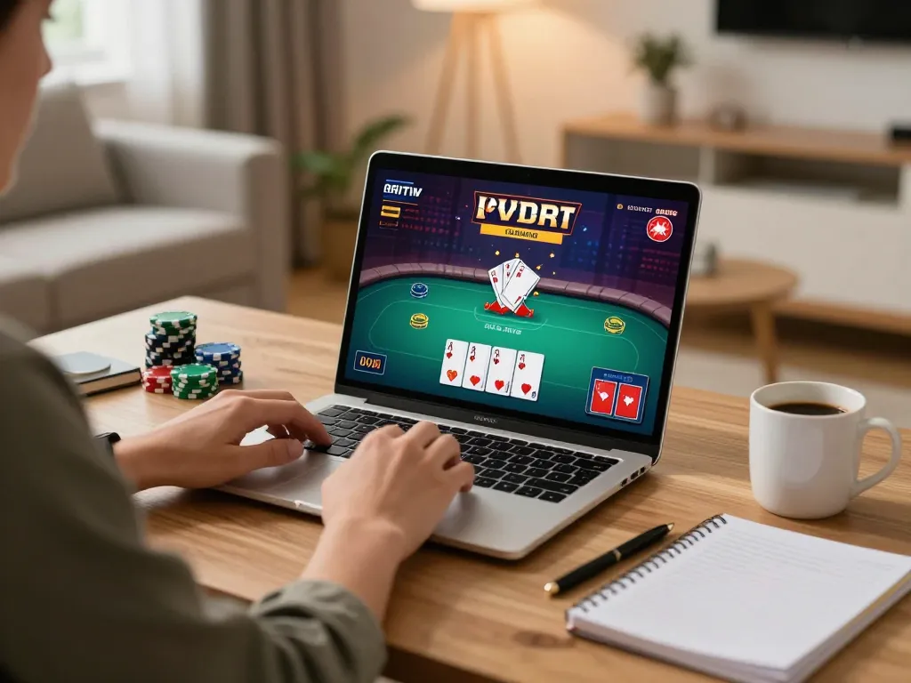 Engaged user playing ledak338 online poker game on laptop, showcasing dynamic gaming experience.