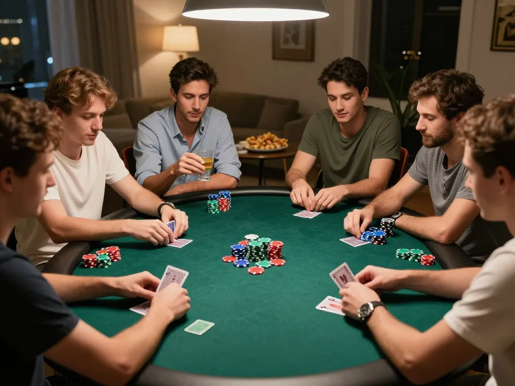 Engaged players at a poker table during a lively game night, gamebaidoithuong8 highlights strategic moments.