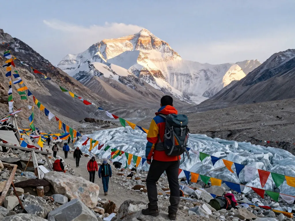 Everest Base Camp Trek adventure with a traveler at the iconic base camp, surrounded by majestic peaks and vibrant prayer flags.