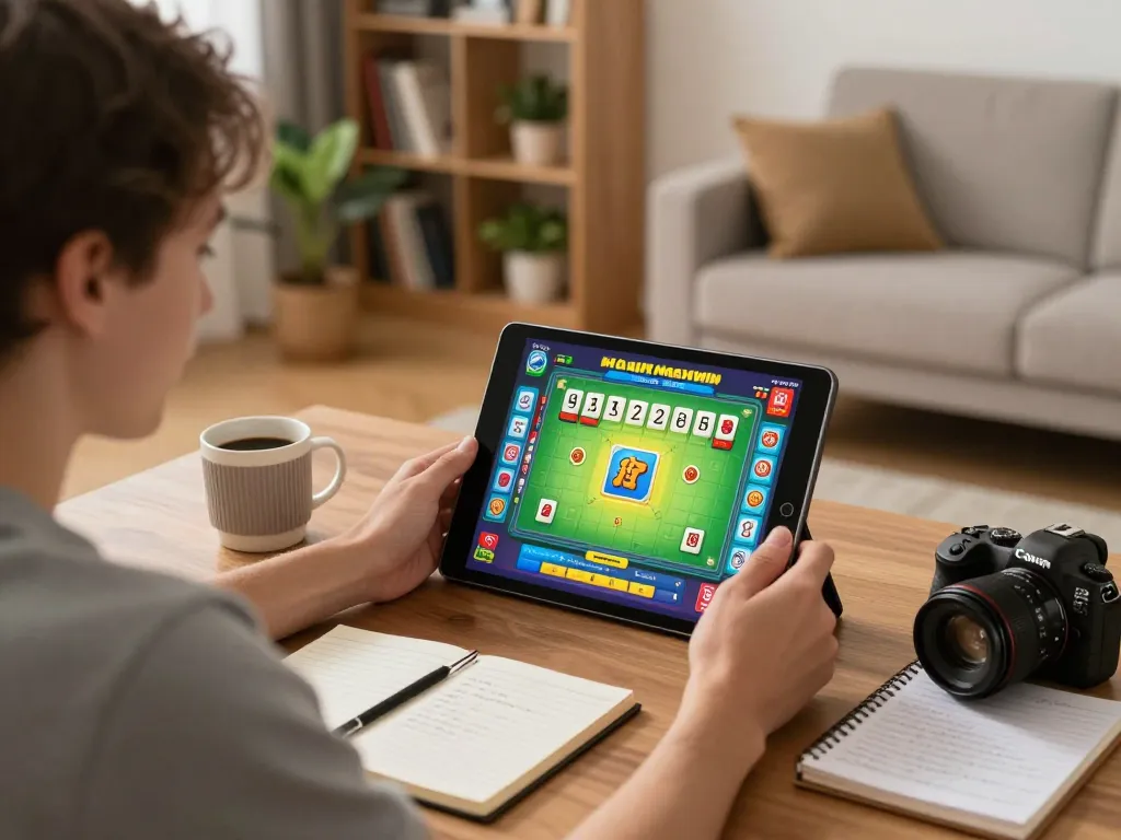 Engaged player utilizing a tablet at home for situs gacor Mahjong Maxwin, showcasing vibrant game interface.