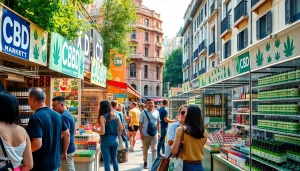 Discover CBD Madrid market with vibrant stalls and engaged customers shopping for products.