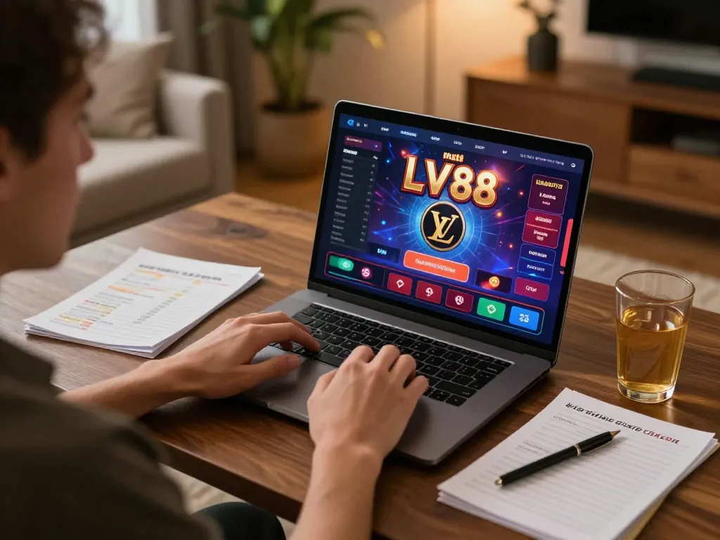 Player explores LV88's casino games on a laptop in a cozy home setup, illustrating responsible online gambling.