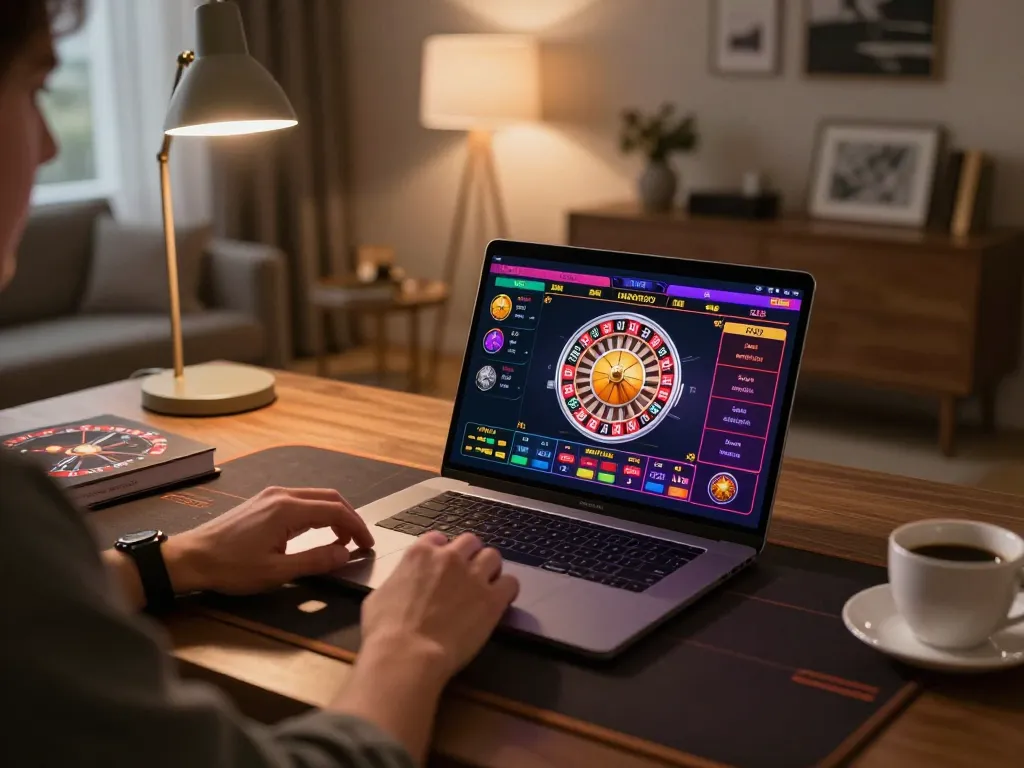 Engaging in live roulette on laptop while exploring nhà cái 388bet at home.