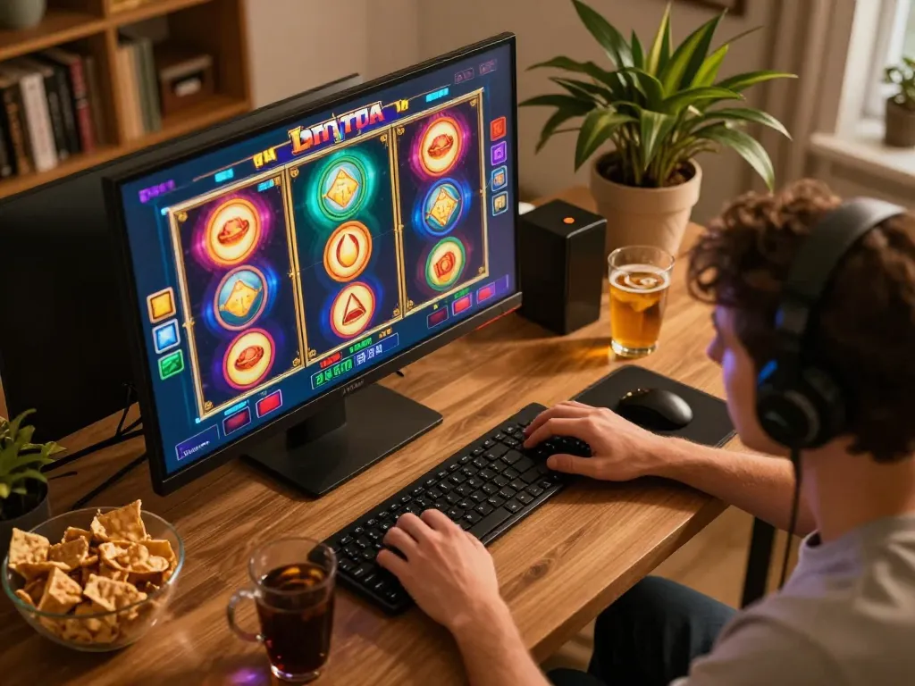 Playing sin88 slot online with colorful reels on screen, showing an engaging home setup.