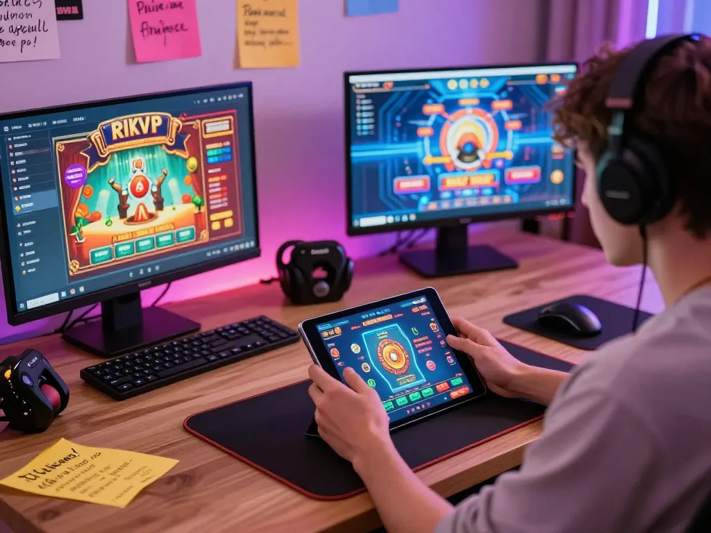 Player enjoying lively RIKVIP games on a tablet in a modern home setup with vibrant decor.