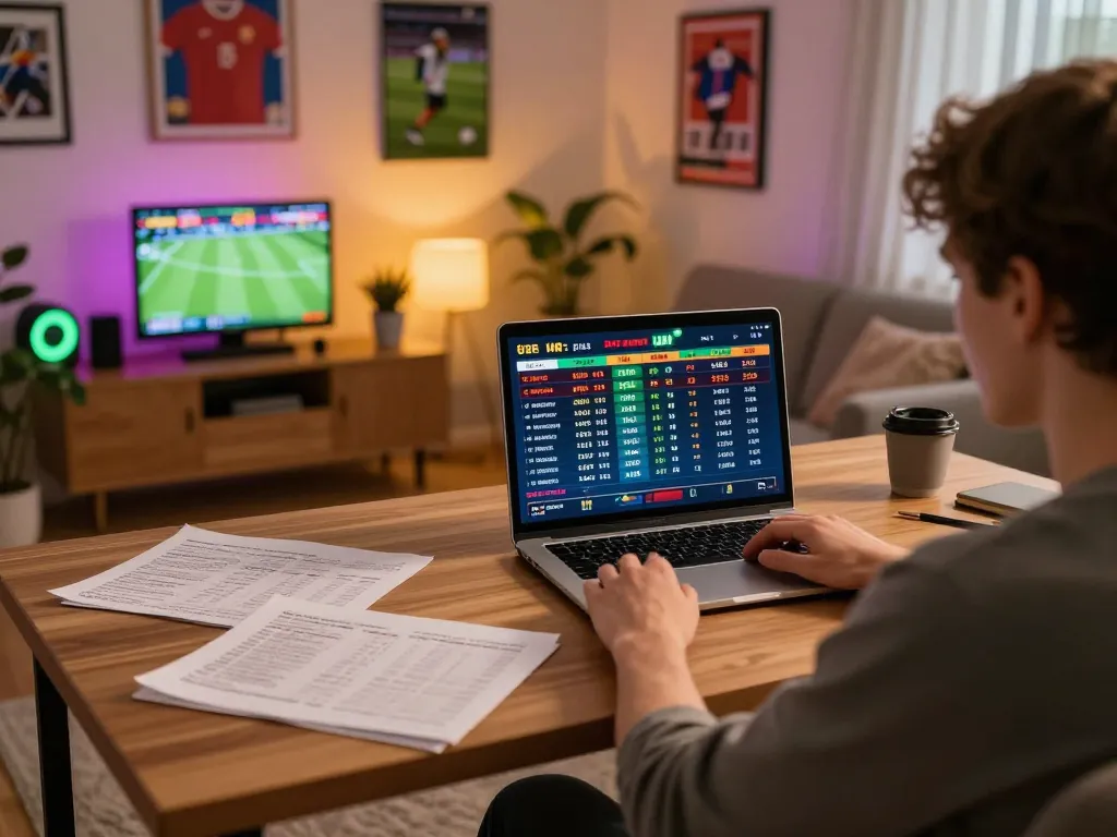 Engaging in live sports betting with fc88 at a stylish home setup, showcasing strategy notes and betting options.