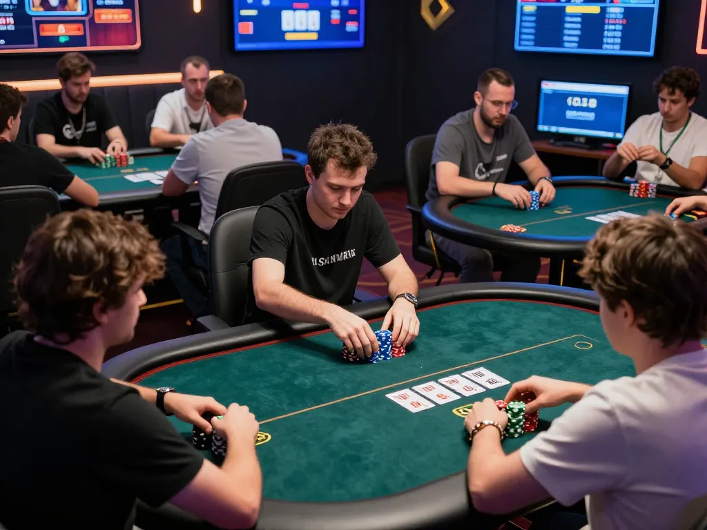 Sunwin provides exhilarating online poker gameplay with players focused on their tables and colorful chips.
