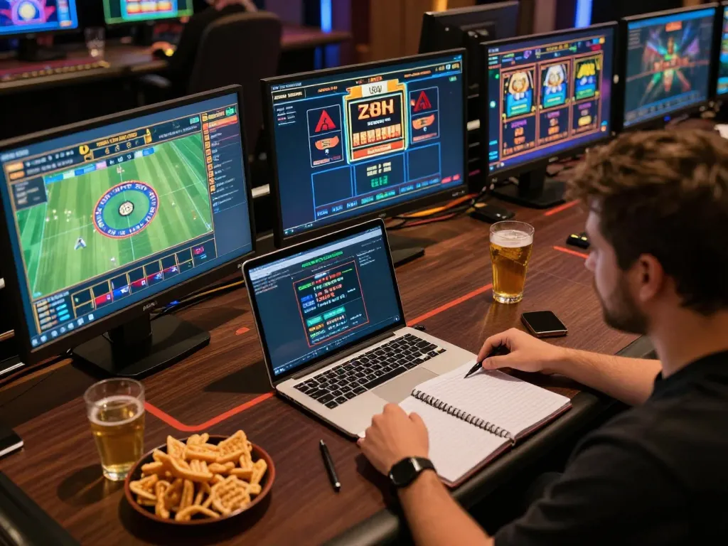 Engaged player strategizing for online casino games at TG88, featuring multiple screens and focused ambiance.