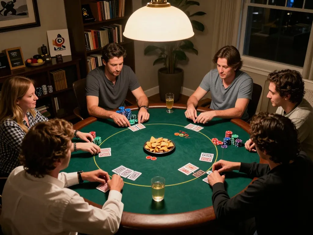 Friends enjoying a lively poker game at home showcasing five88 strategic gameplay with chips and cards.