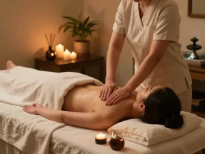 Relaxing 마사지 therapy session in a soothing spa environment with ambient lighting.