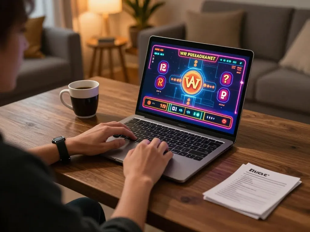 Player engaged in online gaming on alo8 with vibrant casino graphics and cozy ambiance.