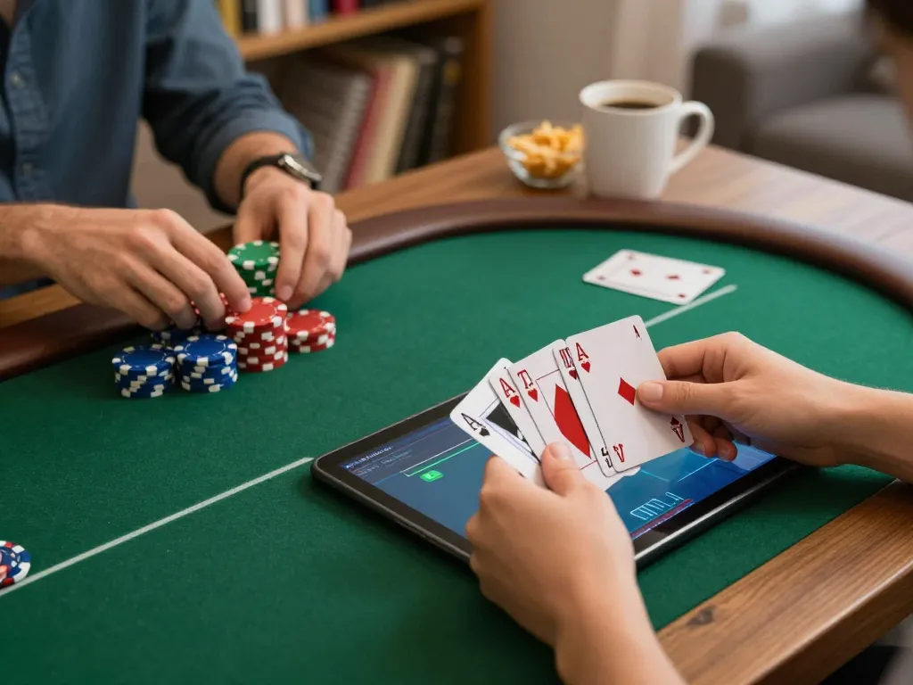 Engaged player enjoying an online poker game via 8xbet app while relaxing at home.