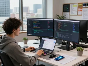 Software developer optimizing moltbot in modern tech workspace, showcasing dual monitors and vibrant city view.