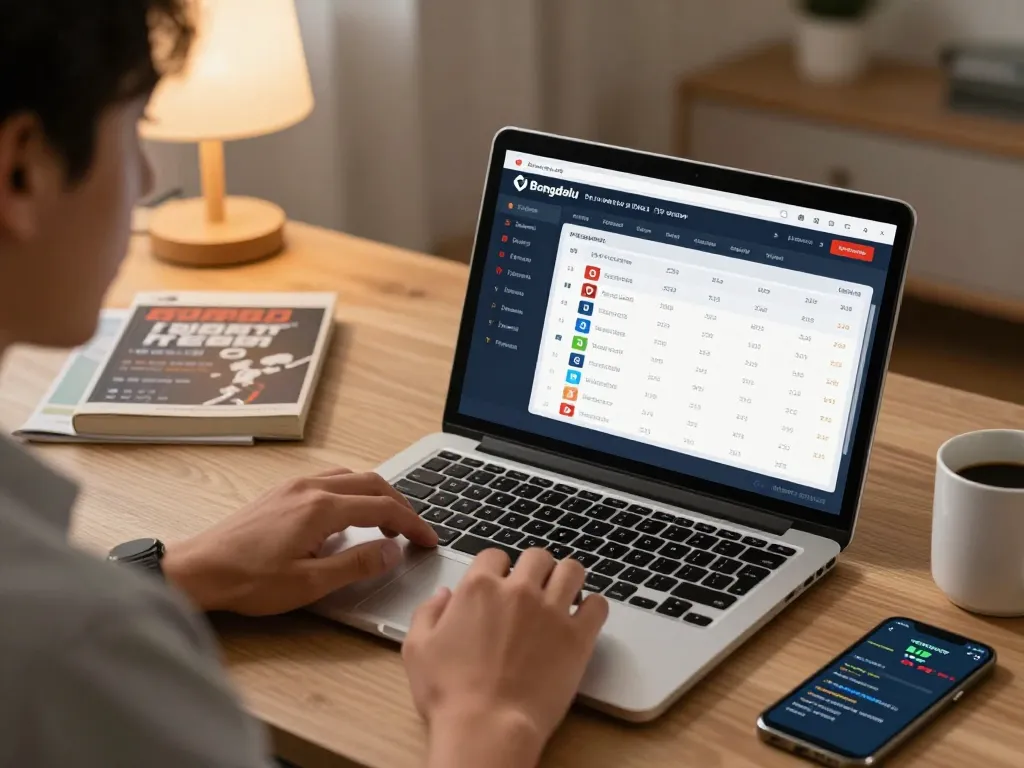 Bongdalu user placing bets on live sports using laptop at home office, showcasing a responsible gaming environment.