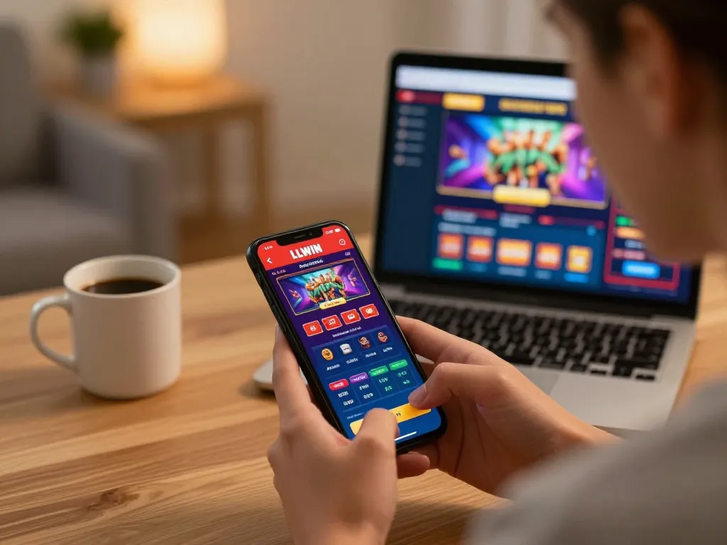 Engaging gameplay on the LLWIN app, showcasing mobile betting in a cozy home setting.