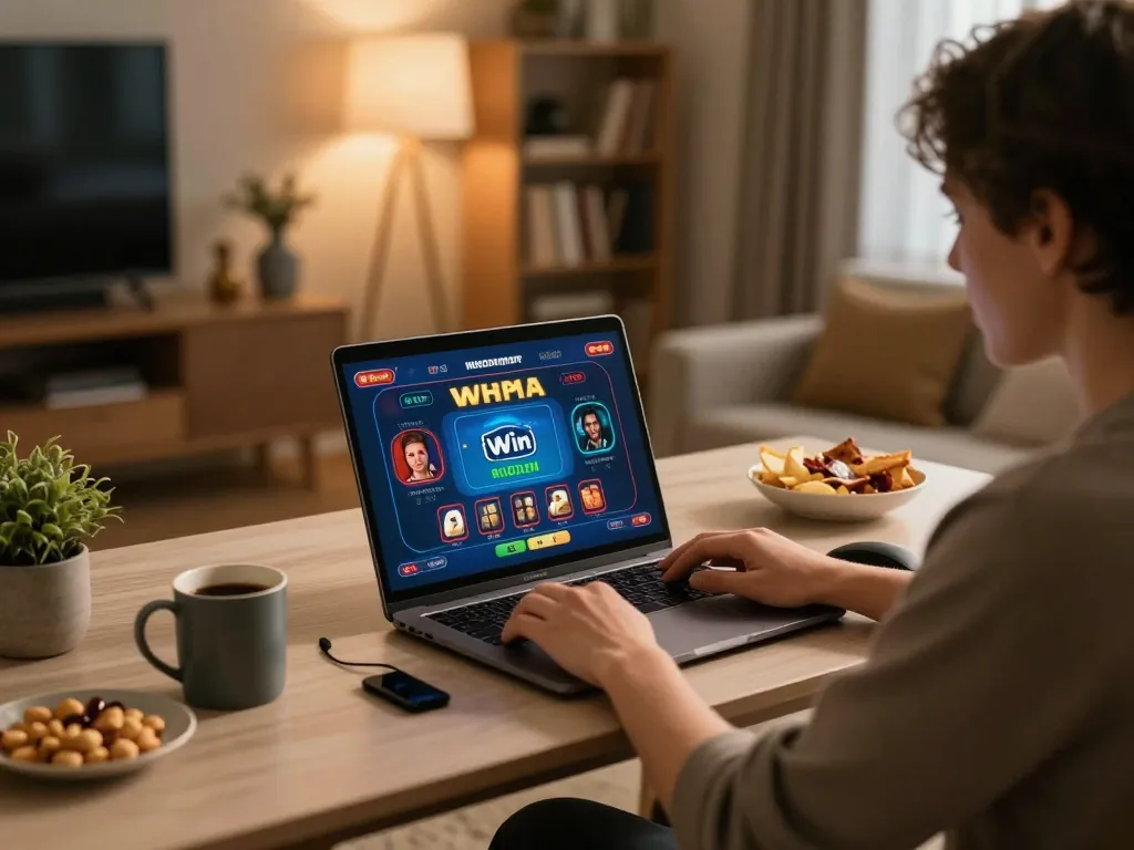 Person gaming at an iWin casino on a laptop, showcasing a cozy home environment
