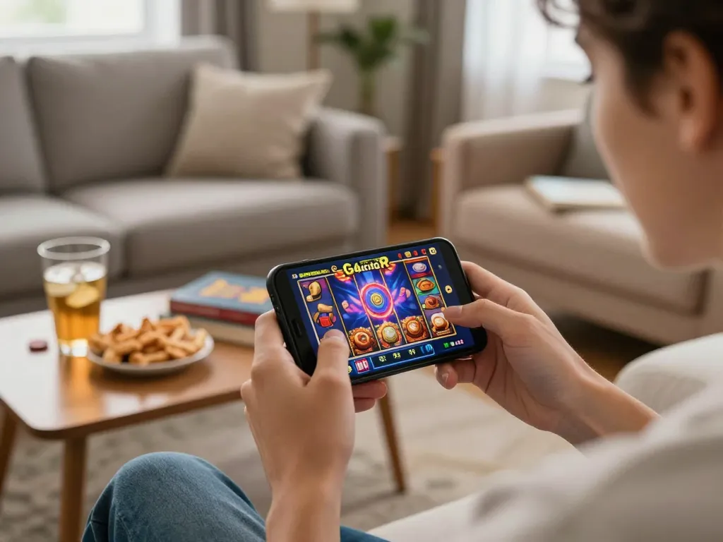 Engaging in a slot gacor online game using a smartphone in a cozy living room, showcasing responsible gaming.