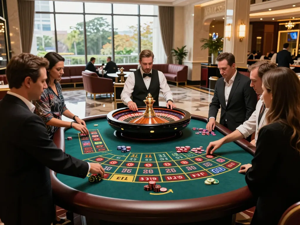 Experience the thrill of XX88 at a lively roulette table in a luxurious casino.