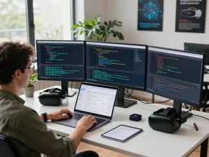 Innovative workspace illustrating an IODeFi smart contract developer's environment with high-tech gadgets and coding analytics.