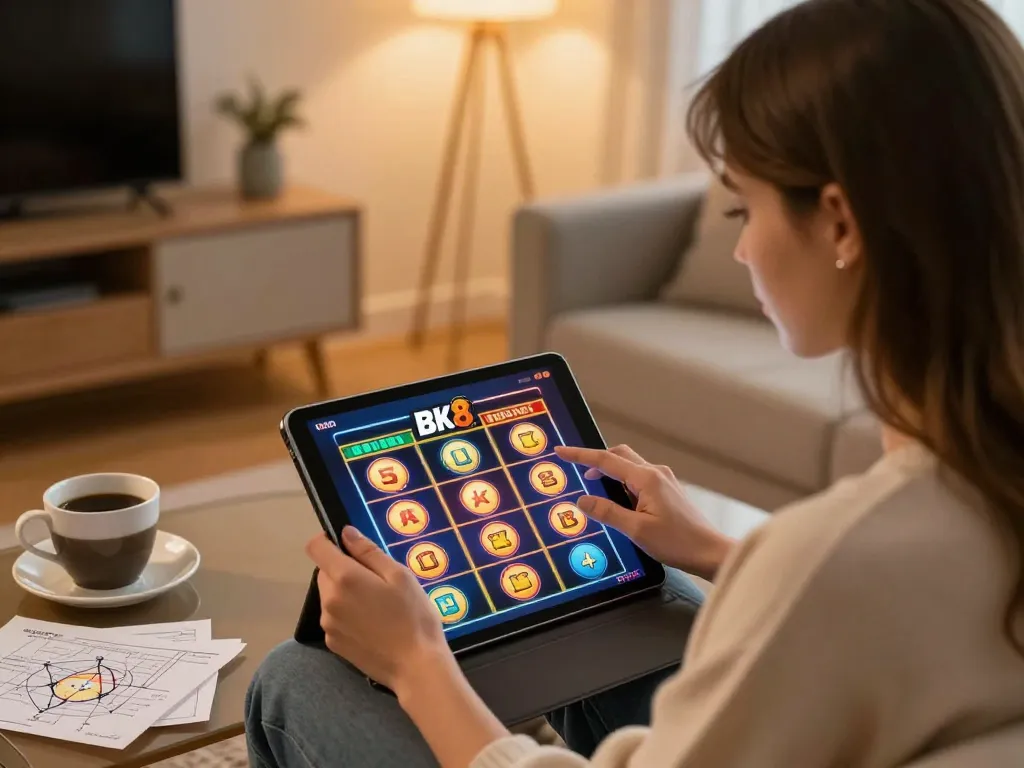 Play slots on BK8 online casino using a tablet in a cozy home setting