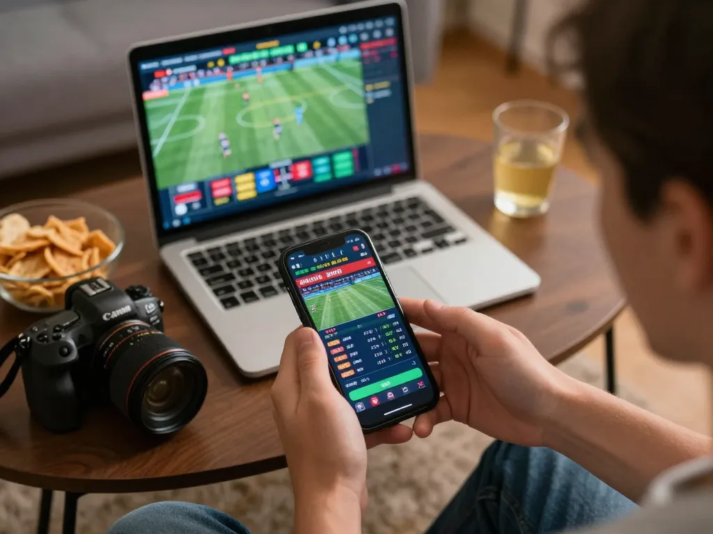 Engaged players calculating odds with vipwin sports betting app on smartphone in cozy home
