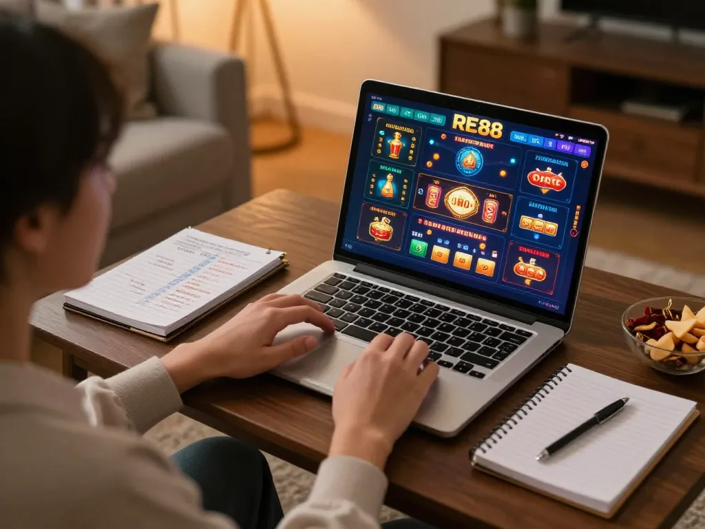 Engaging in online gambling at home with RR88 SELECT interface displayed on laptop, showcasing a strategic gaming atmosphere.