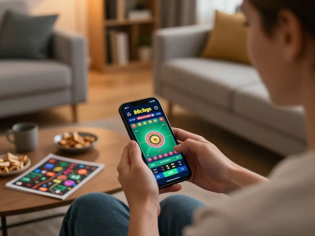 Player engaging with the 88clbgo casino app, placing bets on roulette while relaxing at home