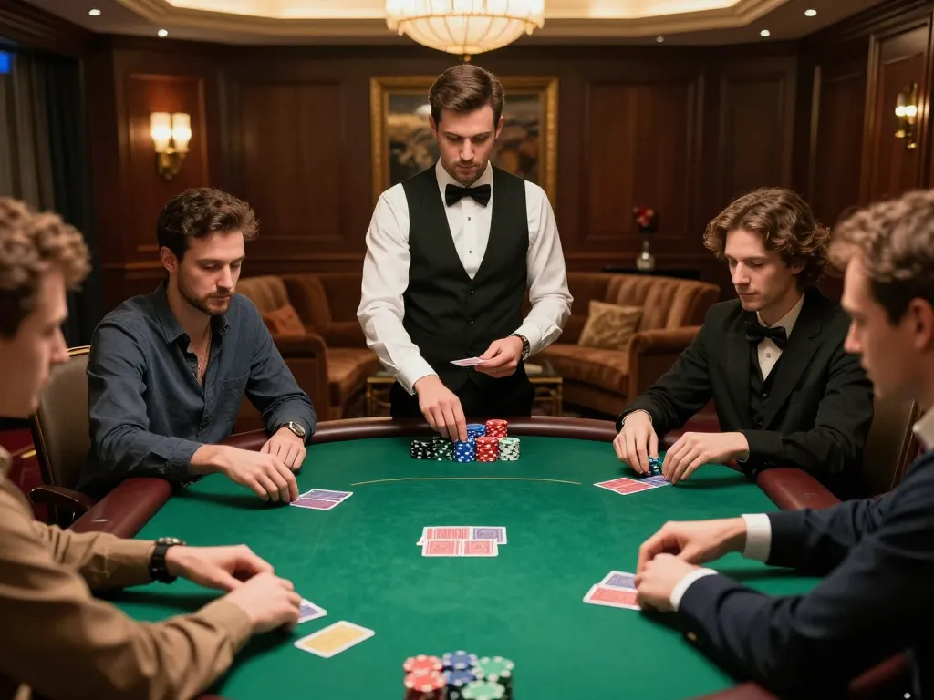 Players strategizing in a high-stakes poker game at Sunwin's luxurious venue, showcasing competitive environment.