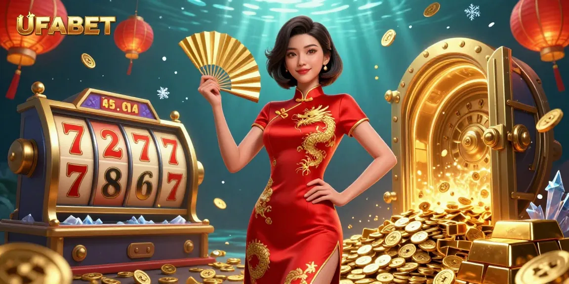 Experience thrilling gameplay with UFABET as a stunning Asian woman showcases casino excitement, surrounded by slot reels and coins.