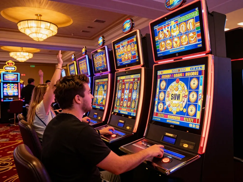 Player celebrating a win on vibrant slots not on gamstop in a lively casino setting.