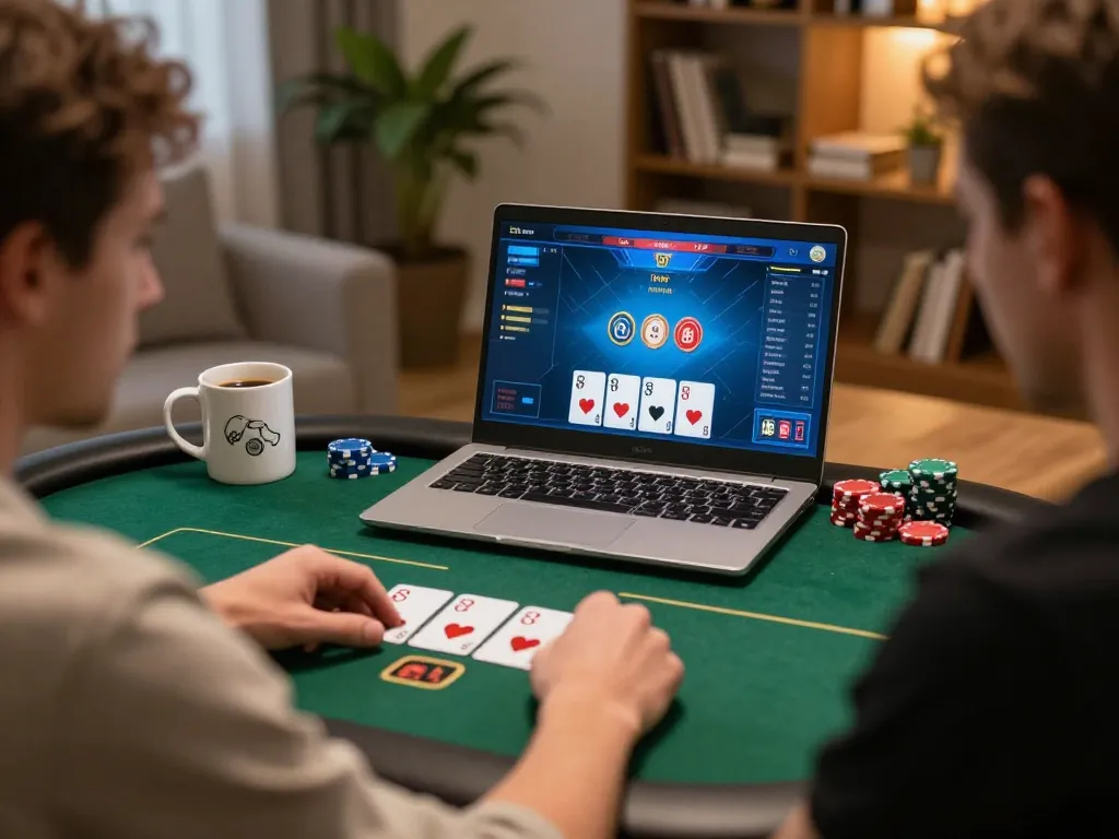 Engaging in an O8 online poker game with vibrant graphics and cozy home setup