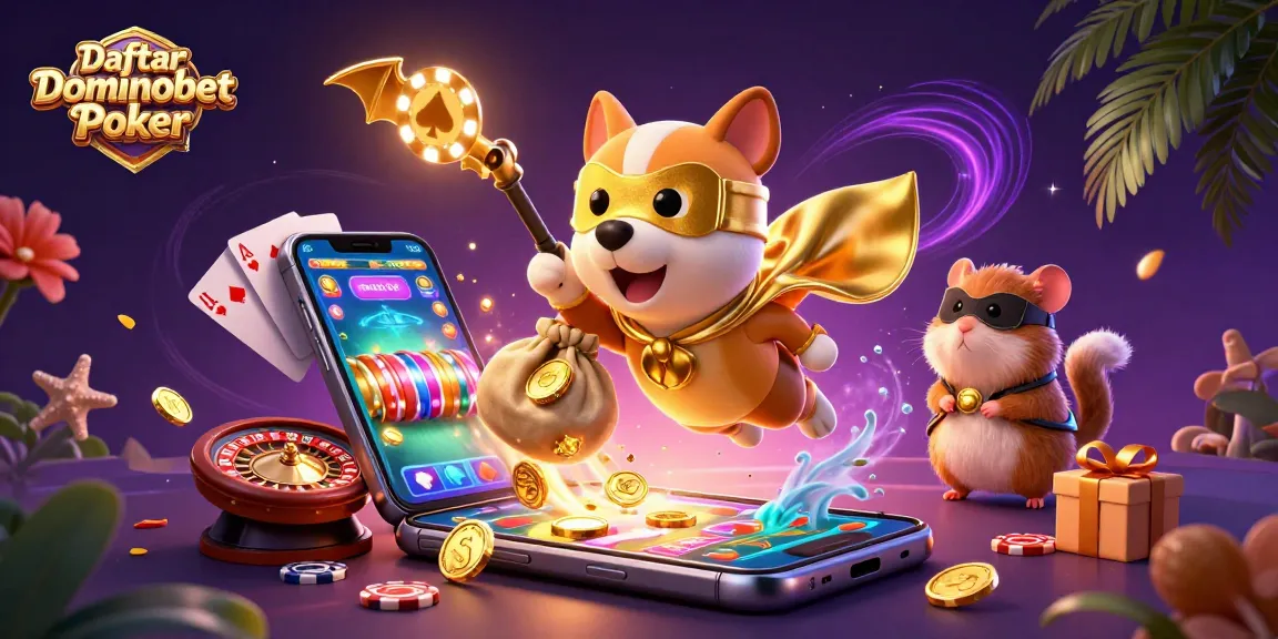 Join the excitement of Daftar Dominobet Poker with a superhero dog and gold coins in dynamic action.