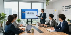 現代的なオフィス会議で社保の窓口サービスについて話し合う専門家たち、コラボレーションと戦略を示しています。