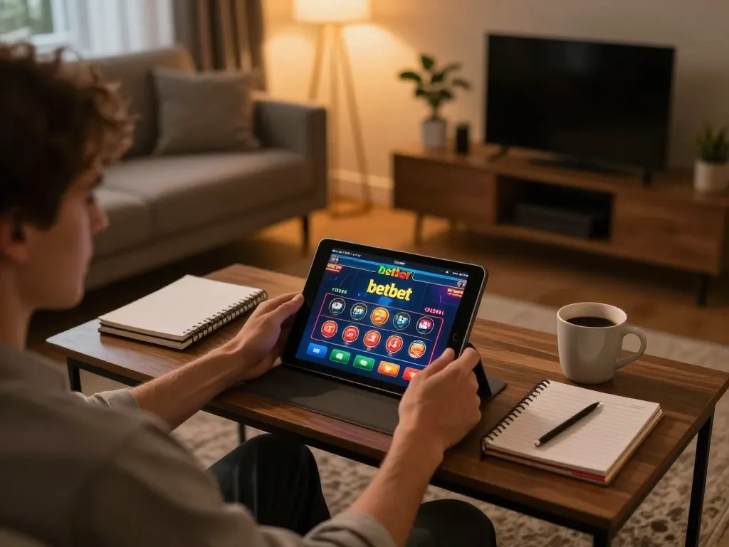 Engaging with the betbet casino app during an online gaming session in a cozy home environment.