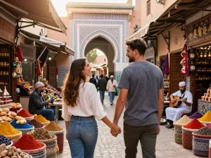 Couple enjoying a local market while exploring as part of their Morocco travel agency experience.
