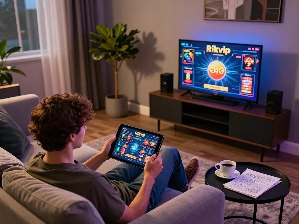Enjoying an immersive Rikvip gaming session at home with a tablet, optimizing strategy and engagement.