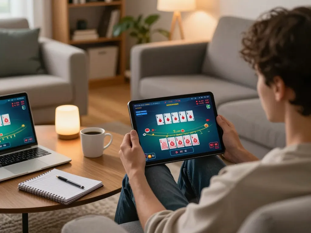 Ligalexus player strategizing in cozy home setting with online blackjack on tablet