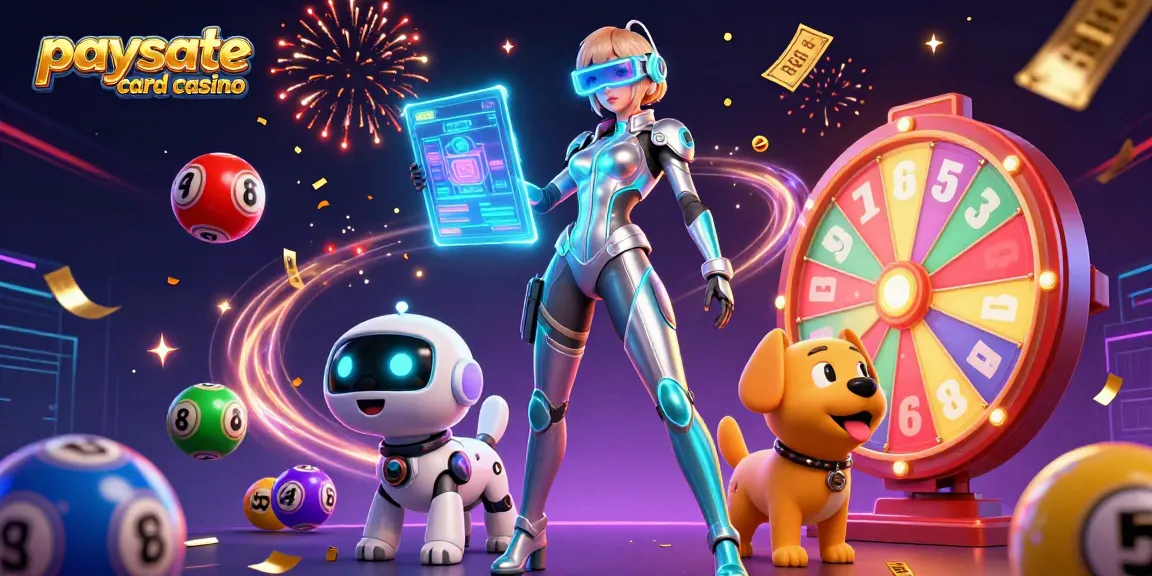 Illustration des Paysafe Card Casinos, die eine Frau und einen Roboterhund mit dynamischen Casino-Elementen zeigt.