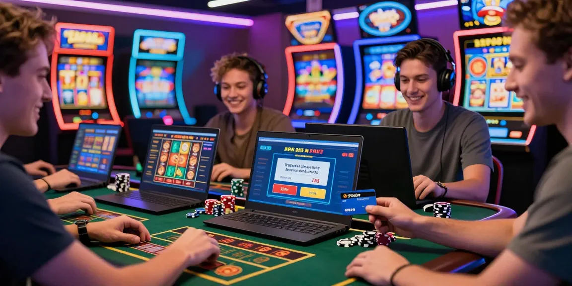 Spieler genießen Spiele in einem Paysafe Card Casino, das eine lebendige Atmosphäre und einfache Einzahlungen zeigt.