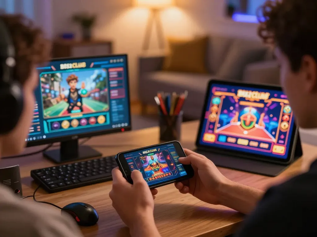 B52club players enjoying online casino games on multiple devices, highlighting engaging gaming experience.