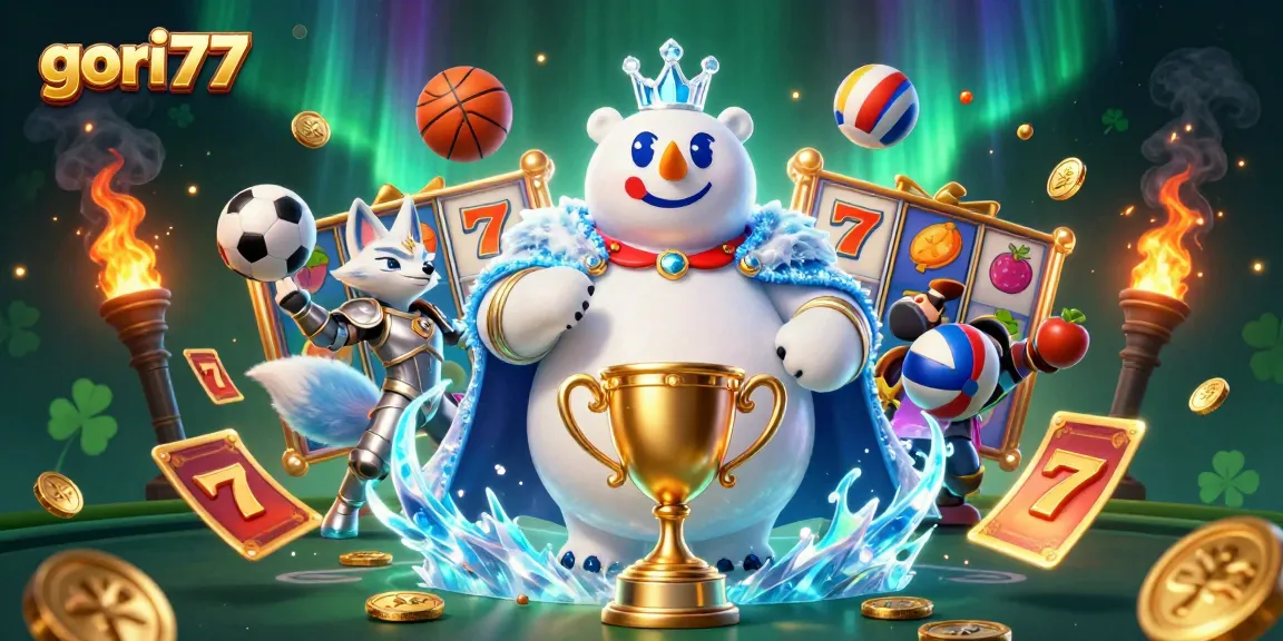 Experience thrilling slots at gori77 with jackpot symbolizes, golden trophies, and dynamic gaming energy.