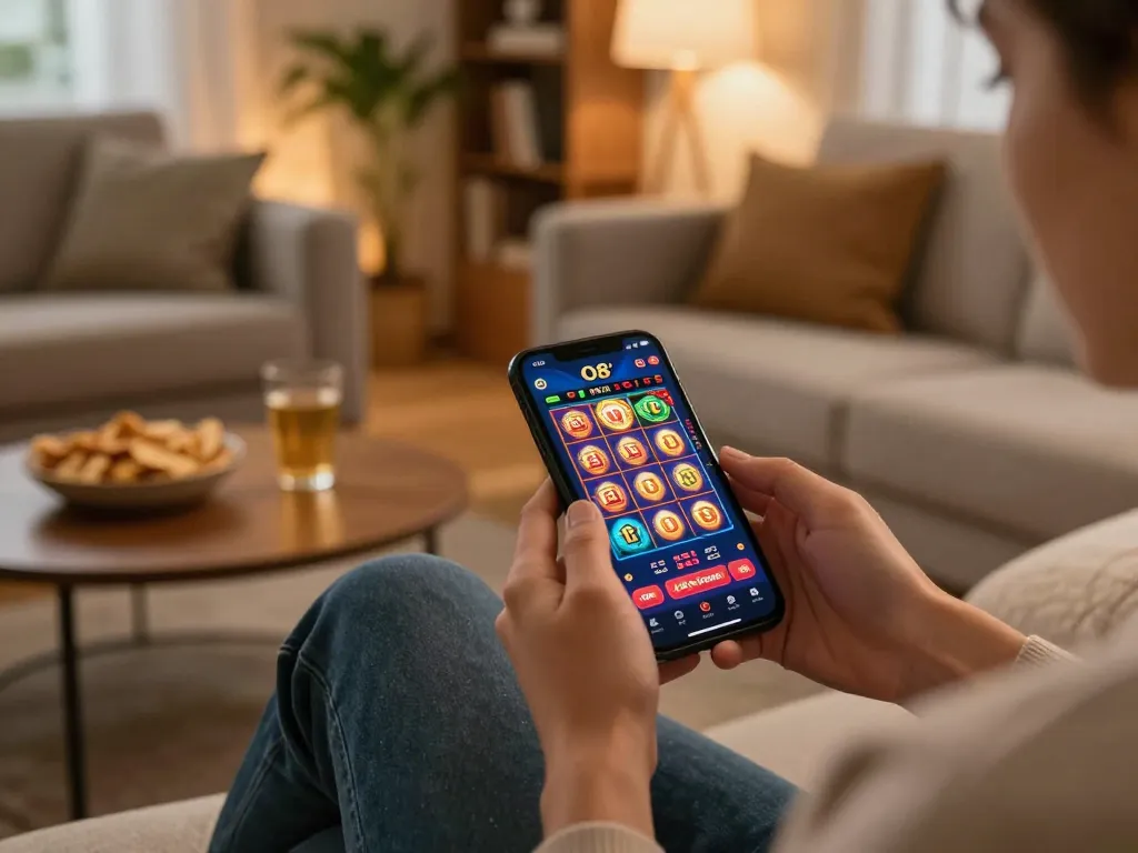 O8 mobile gaming scene with player using smartphone for engaging casino games in a cozy home.
