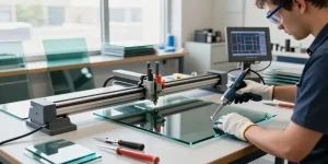 Technician using a glass cutting table to score sheets of glass in a well-lit workshop.