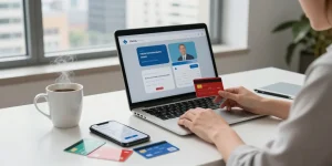 Shopping for virtual prepaid cards on ezzocard.com with a laptop and colorful card designs.