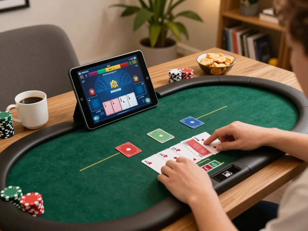 Person playing alo8 poker on a tablet, revealing community cards in a cozy home setting.