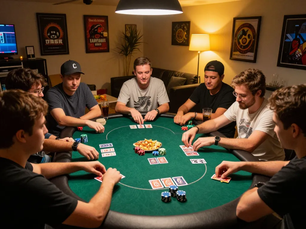 Engaged players enjoying poker during a friendly home game night on fly88 select platform, showcasing strategy and fun.