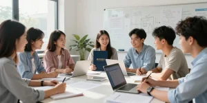 一群学生在明亮现代的教室里合作办理他们的国外大学毕业证。