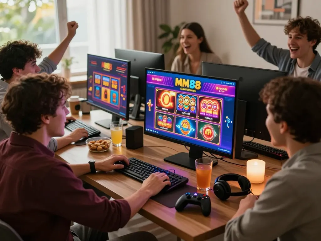 Friends enjoying an engaging gaming night with MM88 online casino on screen, colorful graphics and snacks present.