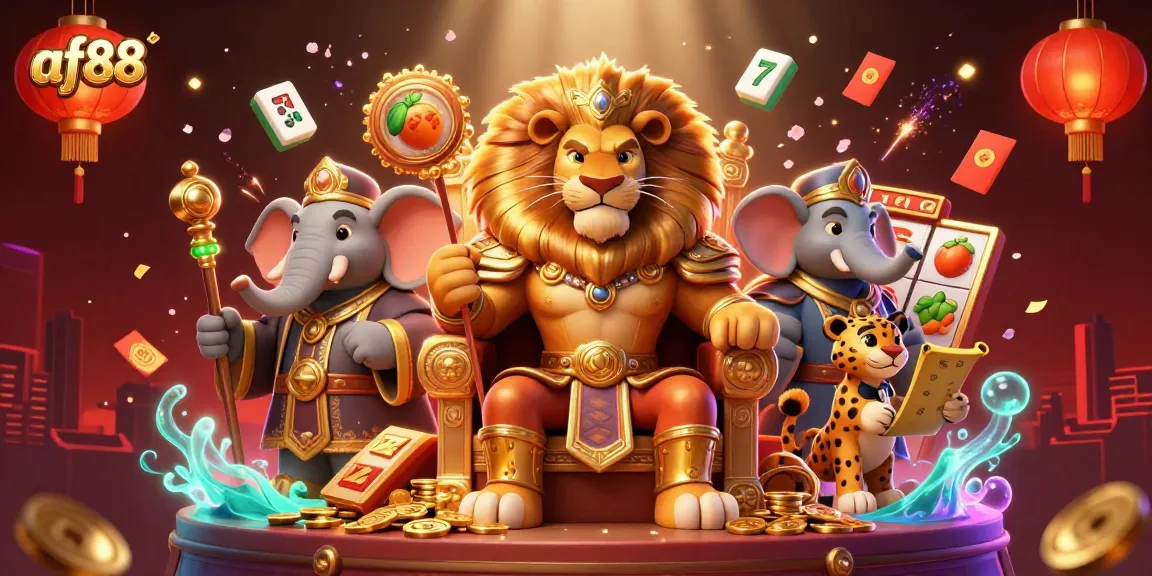Experience the thrill of af88 slots with a dynamic casino scene featuring royal characters and game elements.